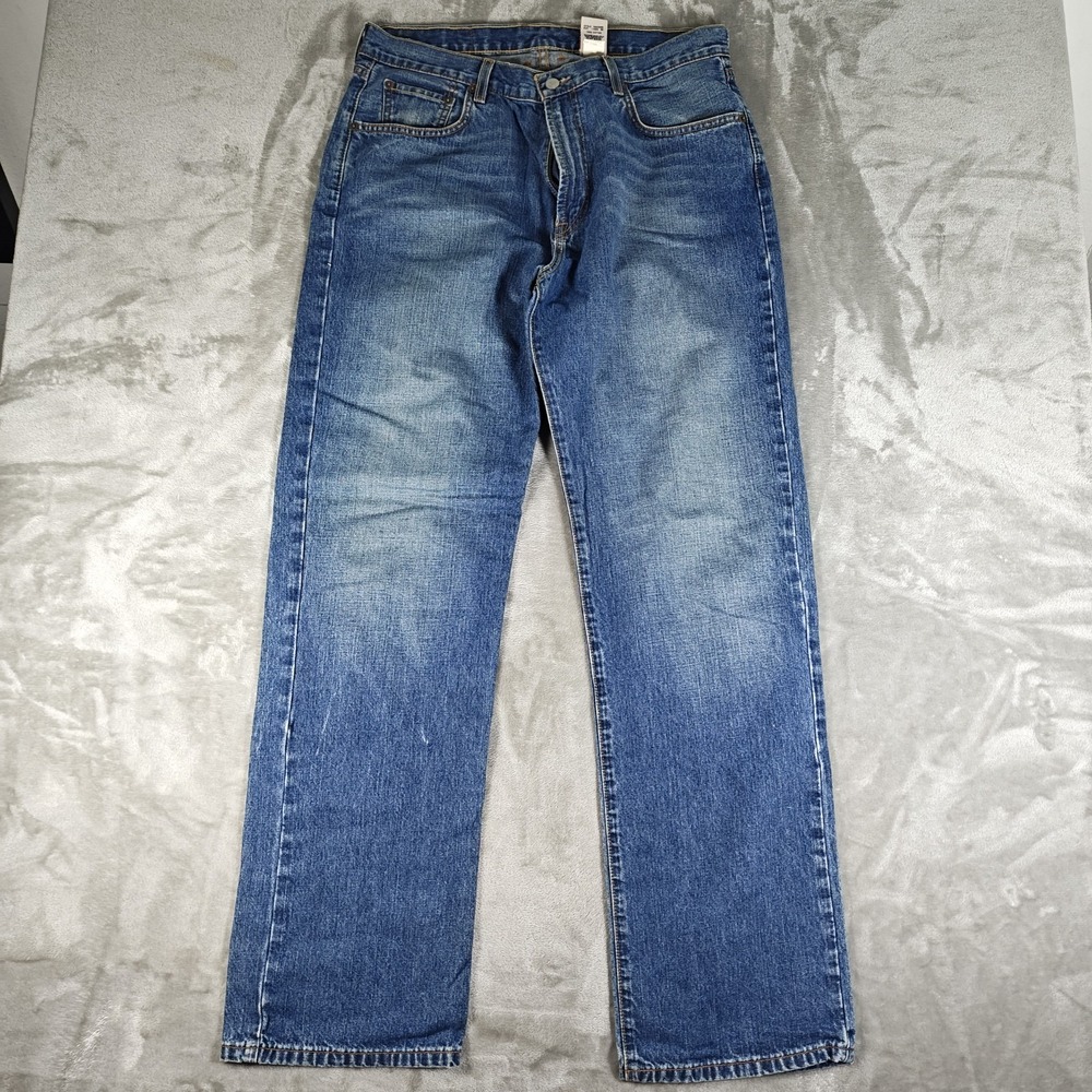Lucky Brand Jeans Mens 34x33 Blue Dungarees Loose Fit Straight Whiskers Denim